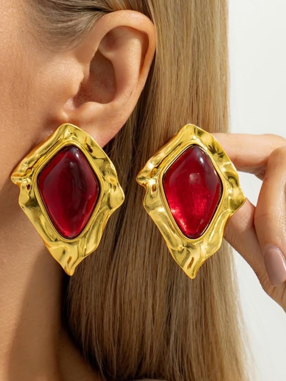 Anthropologie Gold-Tone Statement Earrings with Red Cabochons